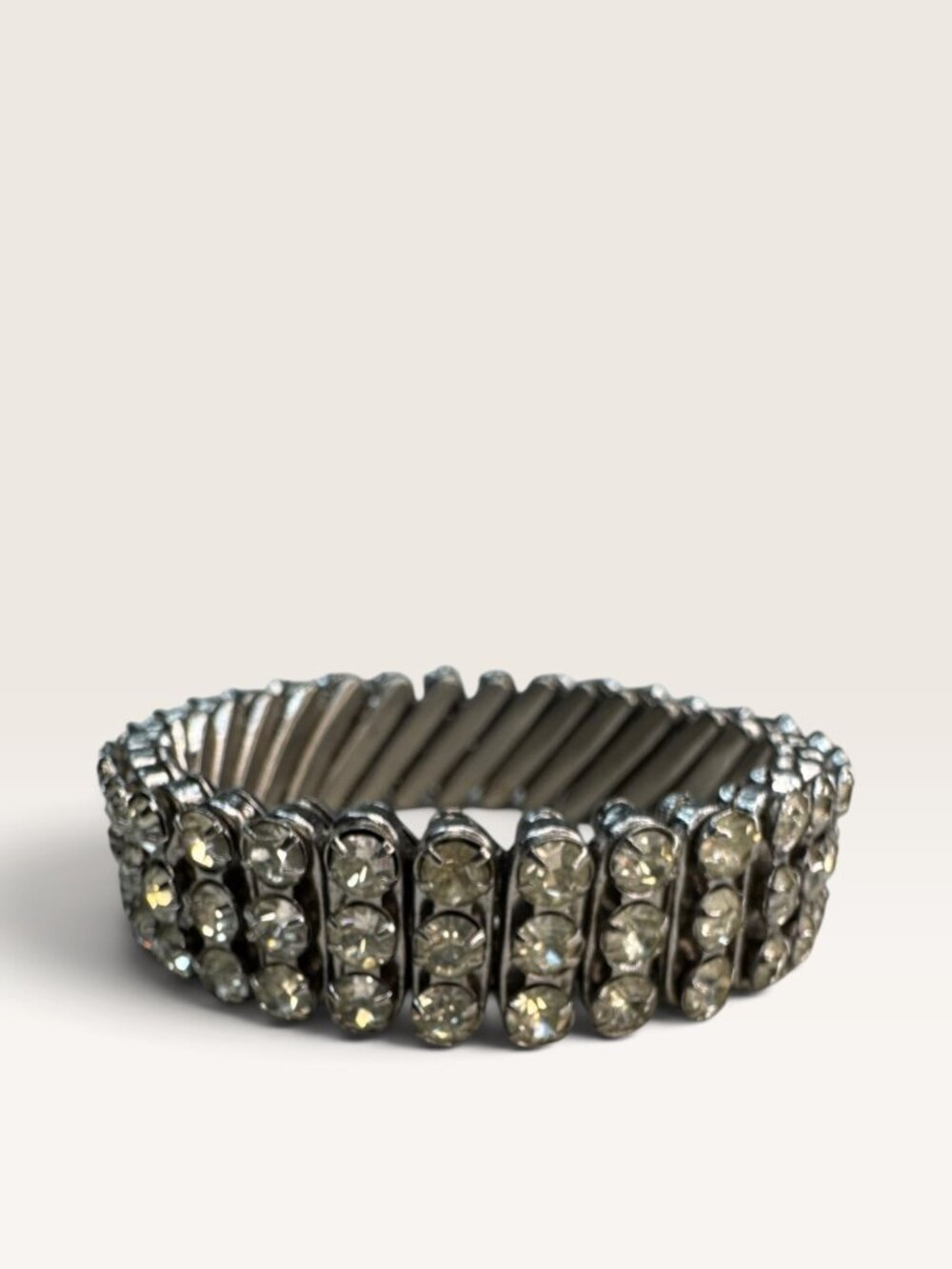 1950s British Hong Kong 3 Row Clear Crystal Rhinestone Expansion Bracelet .55"